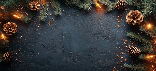 Festive pine tree branches with pinecones and fairy lights arranged on a dark marble background