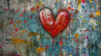 A red heart painted on a textured gray background with colorful paint splatters.