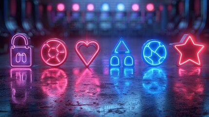 Develop a collection of neon sports governance symbols, featuring shimmering