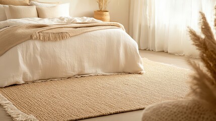 Cozy bedroom scene with neutral decor, soft bedding, and natural textures creating a serene atmosphere.