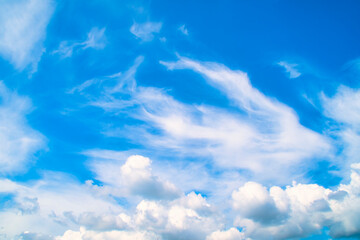 Wall Mural - Background with cumulus clouds in summer. Panorama with light blue sky with white clouds.