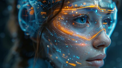 Poster - Generate a futuristic depiction of VR goggles users interacting with advanced AI animations and spinning holographic interfaces.