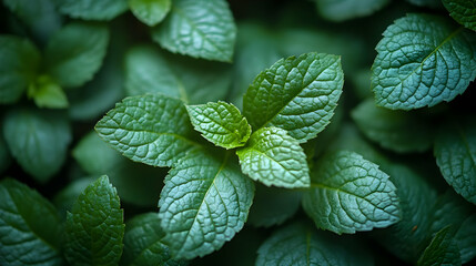 Close-up of fresh green mint leaves with visible veins.