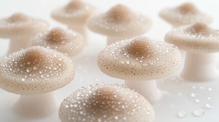 Poster - Mushroom caps with water droplets, arranged on a white surface to give a fresh, just-harvested look with subtle reflections and highlights.