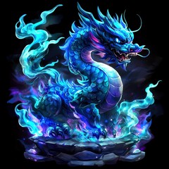 Wall Mural - Mystical Blue Dragon with Flames