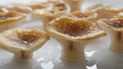 Poster - Mushroom caps with water droplets, arranged on a white surface to give a fresh, just-harvested look with subtle reflections and highlights.