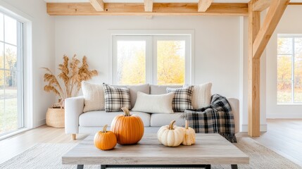 Wall Mural - Cozy living room with pumpkins and warm decor, perfect for autumn vibes and seasonal interior inspiration.