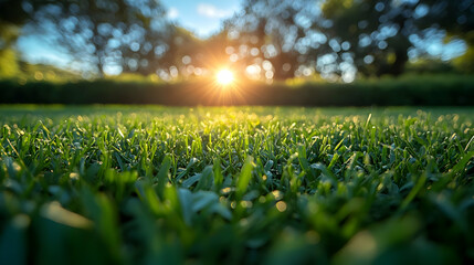 Wall Mural - Close-up of lush green grass with sunlight shining through trees in the background.