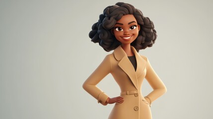 Wall Mural - 3D character close up portrait of a happy black woman in a beige trench coat, placing one hand on her hip with a warm smile, on a soft gray gradient backdrop, copy space, cartoon style