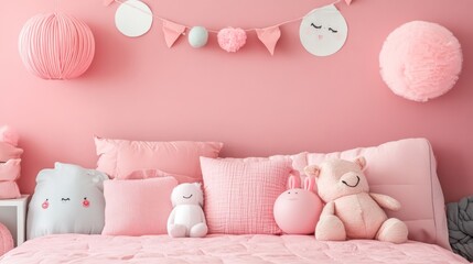 Playful pink-themed children's bedroom with a pink bedspread, pillows, and walls adorned with fun decorations, creating a cheerful and inviting space.