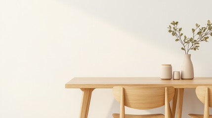 Wall Mural - Minimalist wooden table with a vase and plant, creating a serene and cozy atmosphere for any living space.