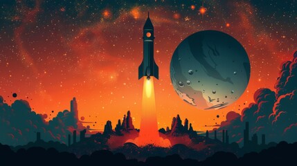 Poster - illustration of a rocket exploring solar system strting from Earth