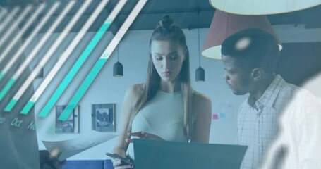 Poster - Business data analysis animation over diverse colleagues collaborating in modern office