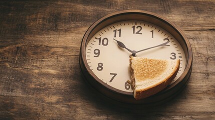 A quirky clock with a slice of bread missing, representing the concept of time and hunger.