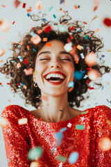 young woman in red glitter dress at the party surrounded with confetti , soft neutral tones,