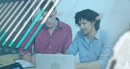 Poster - Business data graph animation over two men working on laptop in office