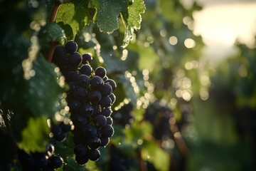 Close up of grapes growing in vineyard at sunset