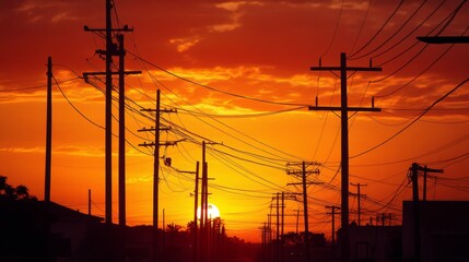 Aufkleber - Silhouette of electric poles with tangled wires against a dramatic evening sky, with the sun setting behind the horizon, casting an orange glow.