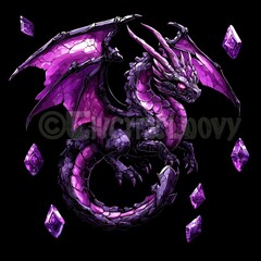 Poster - Purple Dragon with Gems on Black Background