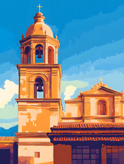 Historic catholic cathedral with bell tower. Handmade drawing vector illustration. Retro style pop art Peru Cusco travel poster.