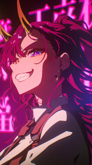 Sticker - smiling anime woman Sign of the evil lord dragon Oni with generative ai