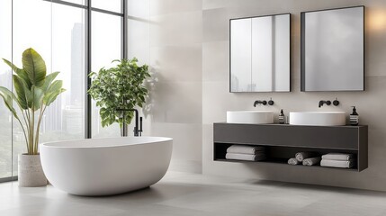 Wall Mural - minimalist bathroom , freestanding bathtub , bathroom decor , bathroom inspiration