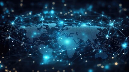 Poster - A futuristic global network background with a world map and glowing connections, symbolizing the international flow of data and communication.