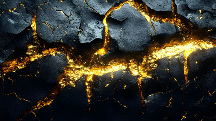 Cracked Black Rock with Golden Veins.