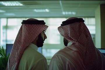 Two men wearing traditional Middle Eastern clothing engage in conversation in a modern office setting.