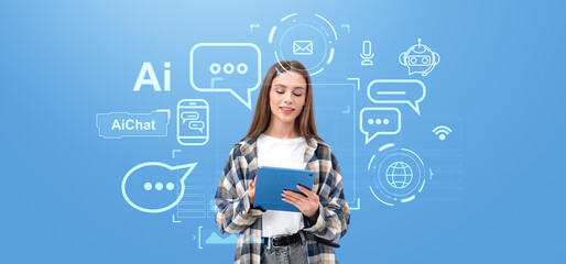 Fototapete - Woman using tablet with AI chat icons on blue background, concept of digital communication..
