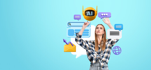 Poster - Woman hands touch mock up chat bot speech bubble and communication