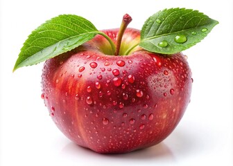 Freshly picked, juicy sweet apple isolated on white background, with vibrant green leaves and subtle water droplets, conveying freshness and healthy snack option.