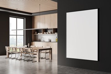 Wall Mural - Home kitchen interior with dining table and cabinet, window. Mock up poster