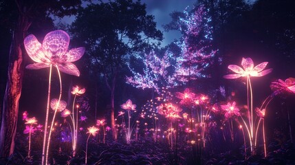 Wall Mural - A magical and enchanting scene set in a dense forest illuminated by glowing bioluminescent plants and flowers. The tall, delicate flowers emit a soft, mesmerizing pink and purple light that contrasts 