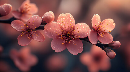 Canvas Print - Delicate pink flower with water droplets on petals, close-up view.