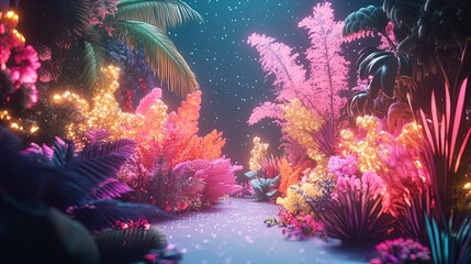 Wall Mural - This image features a vibrant, otherworldly garden adorned with an array of colorful, illuminated plants. The foliage showcases a rich palette of pinks, purples, oranges, and yellows, blending seamles