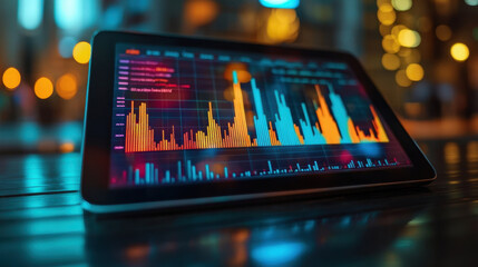 Financial Growth Charts,  A close-up view of financial growth charts displayed on a tablet during a business meeting, highlighting investment progress and strategies