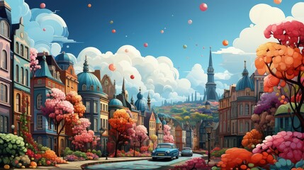 Playful Cityscape in European Style Featuring Cheerful Floral Elements