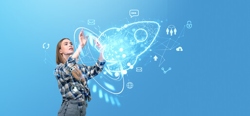 Poster - Woman interacting with a digital rocket startup concept on a blue background.