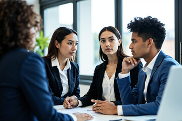 Confident businesswoman leads diverse team meeting: Leadership, collaboration, and talent selection in modern office