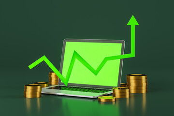 Poster - rising green candlesticks and laptop screen, online trading and profit