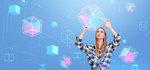 Poster - Young woman looking up at data blocks in cyberspace, virtual reality