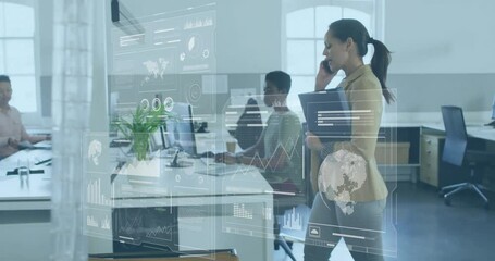 Poster - Businesswoman on phone with data analytics animation over office environment