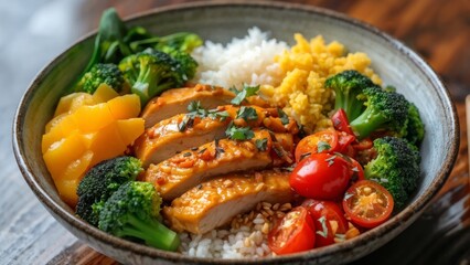 Wall Mural - Healthy food: chicken meat, carrots, broccoli, tomatoes, sweet peppers and yellow curry paste with rice.