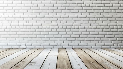 Wall Mural - Minimalistic White Brick Wall and Wooden Floor Background in a Rustic Rural Room Setting