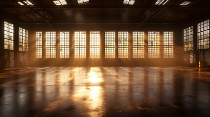 Poster - Empty industrial warehouse with large windows, sunlight streaming through, illuminating the concrete floor.