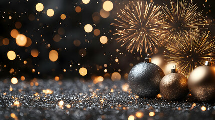 Canvas Print - Festive silver and gold ornaments with fireworks bokeh on black background.