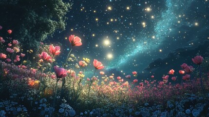 Wall Mural - A surreal, dreamlike scene features a field of vibrant pink and yellow flowers illuminated by soft, ethereal light. The sky is adorned with a dense sprinkling of stars and a glowing, milky band of the