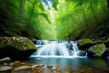 mountain stream in the green forest at summer time. nature landscape background. generative ai