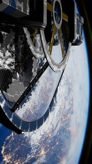 Wall Mural - scientific laboratory constructed from metal and glass, resembling a spacecraft, spinning around the planet. elements furnished by nasa, vertical